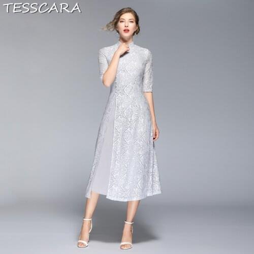 TESSCARA Women Elegant Chinese Style Lace Dress Female Long Office Party Robe Femme Vintage Designer High Quality Vestidos