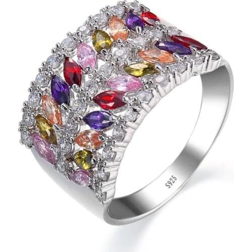 New 925 sterling silver Ring for Women Wide Feather Rhinestone Engagement Simple Bohemian Jewelry Vintage Luxury Ladies Female