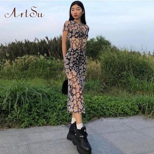 2021 Short Sleeve Daisies Print Mesh See-Through Sexy Maxi Dress Summer Women Fashion Streetwear Outfit Sundress ASDR52033