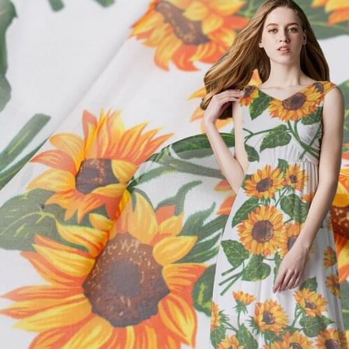 White waxberry Sunflowers Printed Silk Chiffon 100%Silk Garment Materials Summer Women Dress Sewing Cloth Tailor Freeshipping