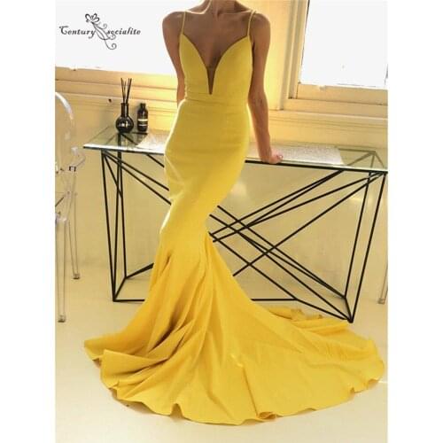 Yellow Mermaid Evening Dresses Long Spaghetti Straps Backless Sweep Train Simple Prom Dresses Formal Gowns Robe De Soiree Cheap
