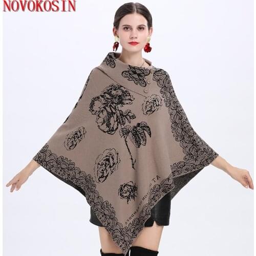 SC150 2018 Plus Size Knitted Loose Women Poncho Autumn Winter Sweater Fashion Casual Bat Sleeves Printed Pullovers Lady Coat
