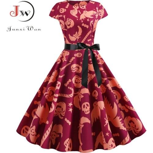 2021 Women Short Sleeve Print Vintage Halloween Party Midi 50s 60s Casual Elegant Summer Floral Dresses Robe Femme Vestido