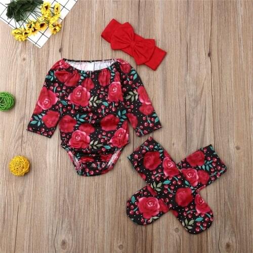 Baby Girl Floral Clothes 3Pcs Sets Fashion Flowers Long Sleeve Shoulderless Romper Leg Warmers Headband Baby Girl Outfits 0-24M