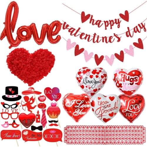Behogar 34PCS Valentines Day Decorations Love Heart Balloons Tablecloth Booth Props Petals Banner for Wedding Anniversary Decor