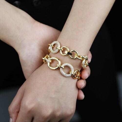 High quality gold color large circle charm paved tennis chain bracelet bangle Iced out women men bracelet jewelry wholesale
