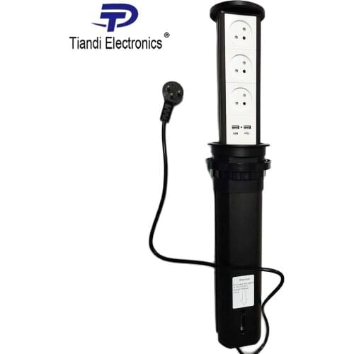 Black automatic lifting aluminium outlet pneumatic pop up tabletop socket power Israel with USB charging and cable wire 1.5m