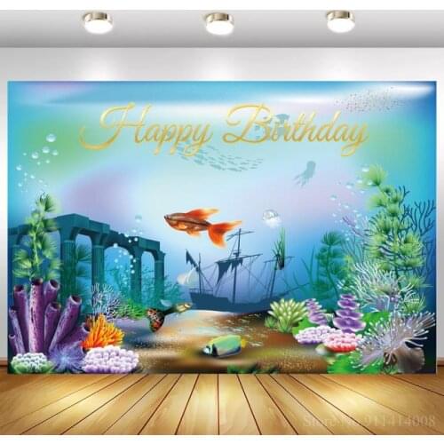 Happy Birthday Blue Underwater Sea World Scenic Backdrops Photography Colorful Corals Girl Princess Mermaid Photo Background