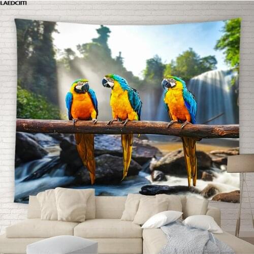Parrot Tapestry Tropical Jungle Green Plants Waterfall Scenery Wall Hanging Cloth Bohemian Hippie Living Room Bedroom Home Decor