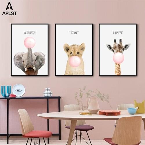 Kids Canvas Paintings 10 Animals Images Lion Elephant Giraffe Pink Bubble Gum Prints & Posters Children Nursery Bedroom Pictures