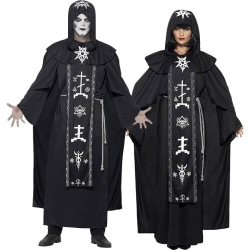 Wizard Horror Grim Reaper Costume Women Men Monk Cloak Robe Priest Witch Dress Skeleton Zombie Halloween Purim Party Fancy