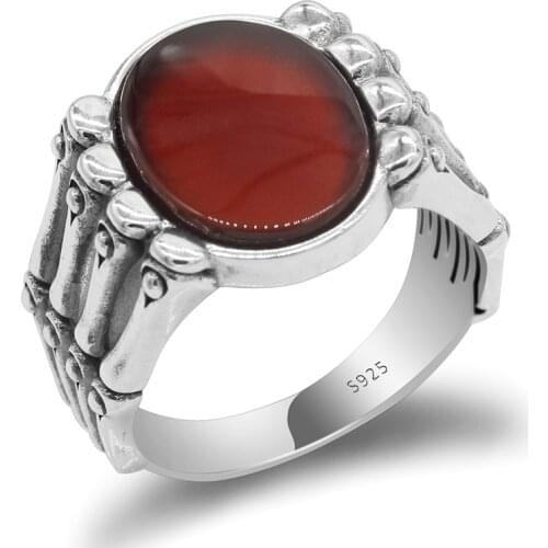 Genuine Solid 925 Sterling Silver Skull Men Ring with Black/ Red Natural Onyx Stone Skeleton Thai Silver Ring for Male