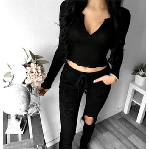 Soft Solid Short Shirts Women Long Sleeve V Neck Knitted Pencil Stretch Slim Sweater Crop Tops