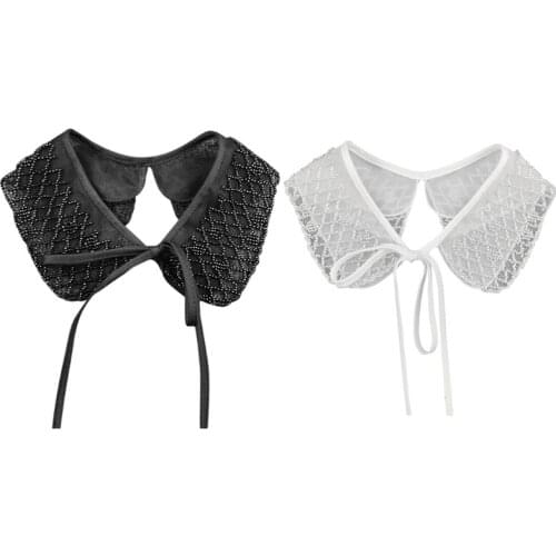 Women Embroidery Beading Plaid Fake Collar Double Layer Detachable Shawl Capelet Layered Dickey Bandage Mesh Necklace