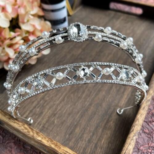 Luxury Bridal Crown Fashion Double Alloy Pearls Rhinestone Crown Tiara Wedding Headwear Hair Ornament Headdress HQ0153