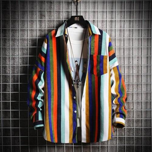 Harajuku Plaid Shirt Men Long Sleeve Shirt Casual Social Slim Shirt Male 100%Cotton Mens Fashion Striped Shirts 4XL 5XL dropship