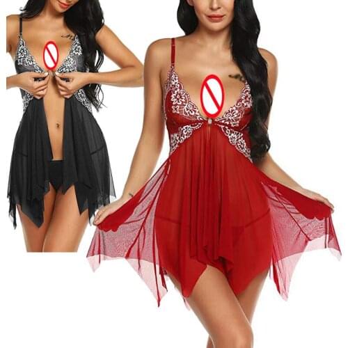Sell Well Sexy Lady Erotic Lingerie Lace Straps Sheer See Nightgown Thong Outfit Valentines Day Gift