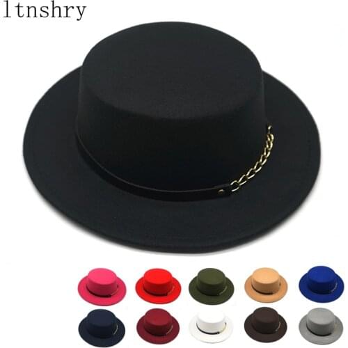 Women Men Wool Fedora Hat With Gold chain Ribbon Gentleman Elegant Lady Winter Autumn Wide Brim Jazz Church Panama Top hat