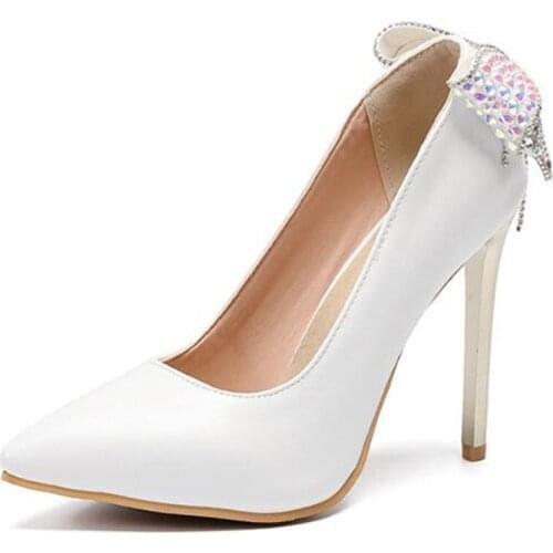 Women Thin High Heels Stiletto Pumps Bridal Wedding Shoes PU Slip On 11CM Pointed Toe Dress Rhinestones Butterfly-knot shoes