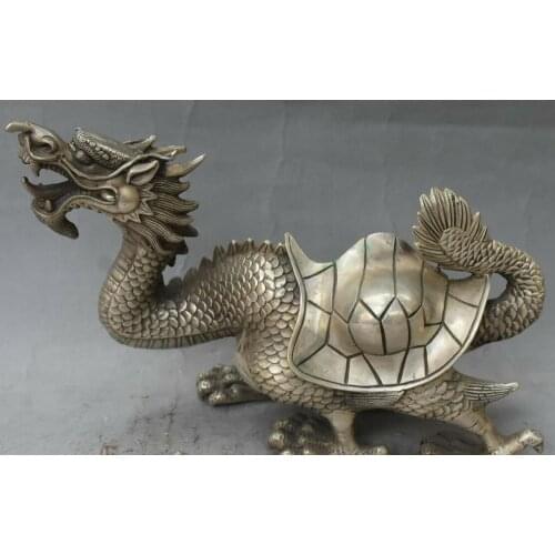 Unique China Old Silver Dragon tortoise Turtle Feng Shui Guardian Beast Statue