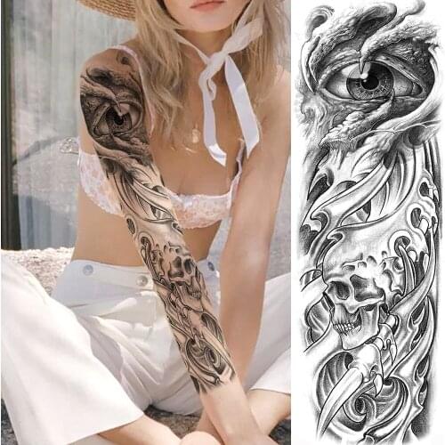 Demon Skeleton King Temporary Tattoos For Men Women Body Art Full Arm Sleeve Tatoo Water Transfer Fake Tattoo Stickers Realistic