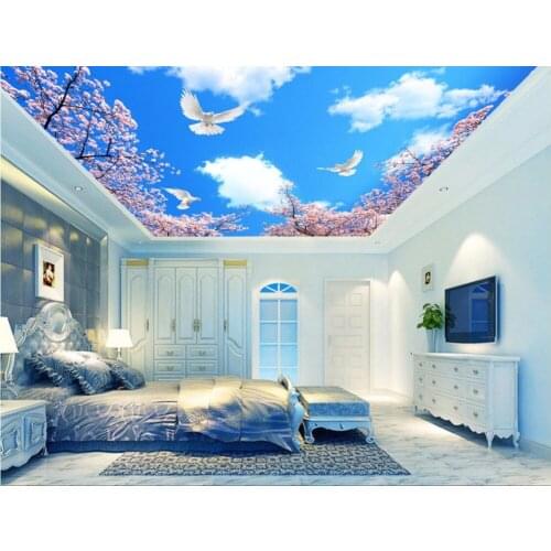 WDBH custom 3d ceiling murals wallpaper blue sky cloud cherry trees decoration painting 3d wall murals wallpaper for living room
