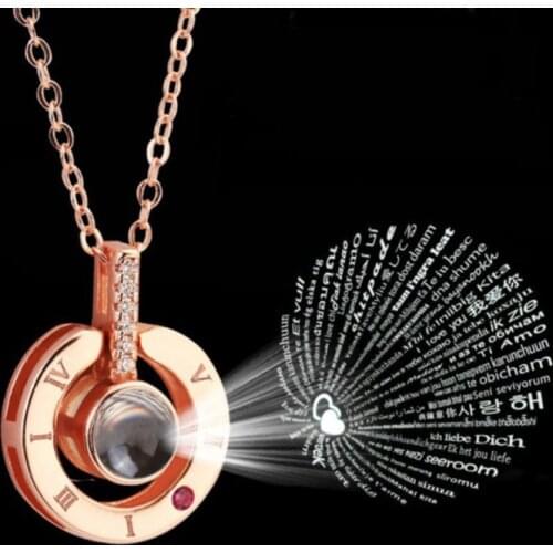 Japanese and Korean Fashion 100 Languages I Love You Necklace Projection Pendant for Women Chain Crystal Jewelry