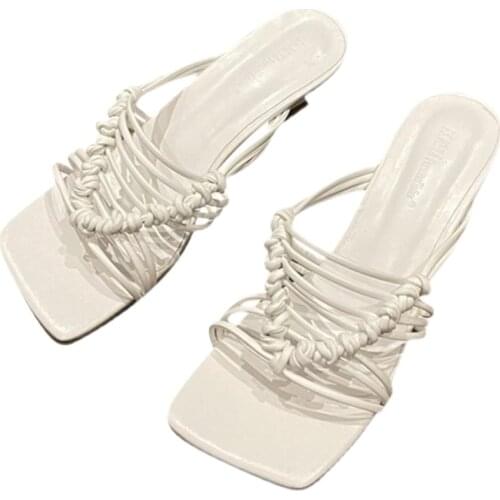 Leather Check High Heel Sandals Ladies Runway Party Shoes Women Cross Woven Pleated Muller Shoes Sexy Square Heel Slippers Women