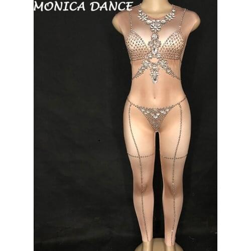 Women Sexy Stage DJDS Jumpsuit Sleeveless Skin Color Sparkling Crystals Bodysuit Nightclub Party Stage Performance Dance Costume