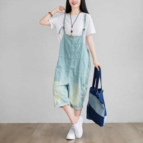Women Summer Washed Bleached Calf Length jumpsuits Ladies Vintage Denim Overalls Female 2020 Rompers