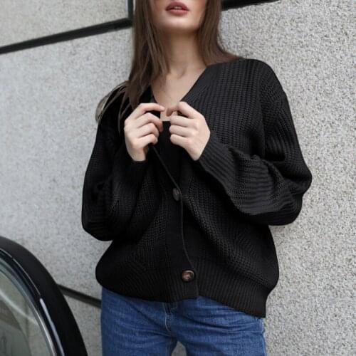 Women Knitted Cardigans Sweater Fashion Autumn Long Sleeve Loose Coat Casual Button Thick V Neck Solid Female Tops 2021