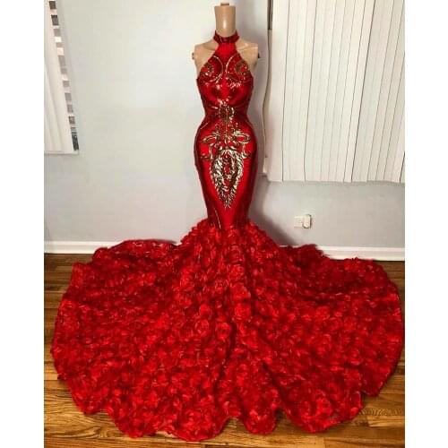 Red Prom Dresses Mermaid Halter Sparkle Appliques Backless Sexy Long Prom Gown Evening Dresses Robe De Soiree