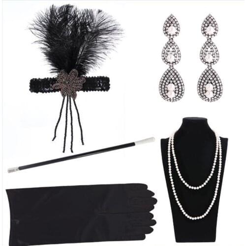 1920 Womens vintage GATSBY feather headbands Flapper Costume Accessory Cigarette Holder pearl necklace gloves set Hair Earrings