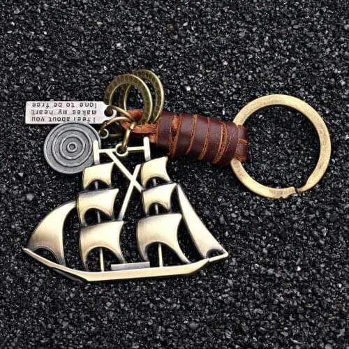 2021 Fashion Jewelry Vintage Hand-woven Leather Sailing Keychain Charm Simple Alloy Accessories Keychain for Men