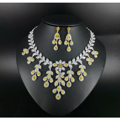 2021 New fashion Luxury yellow leaves CZ zircon necklace earring wedding bride banquet dressing dinner jewelry set,free shipping