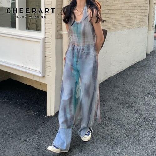 CHEERART Tie Dye Mesh Long Maxi Sheer Dress Summer 2021 Backless Spaghetti Strap See Through Slip Dress Women High Fashion