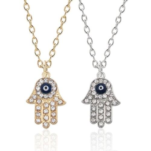 Hip Hop Gothic Blue Evil Eye Hamsa Handmade Tima Palm Necklace Women Mens Gold Rhinestone Pendant Necklace Gift Necklaces