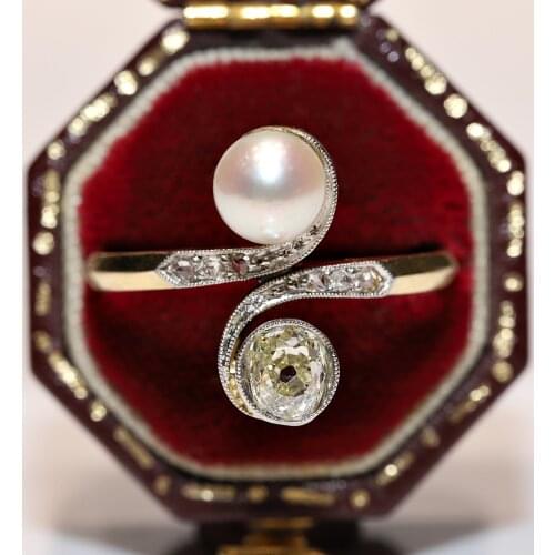 Perfect 14k Gold Antique Art Nouveau Natural Diamond And Pearl Rose Cut Diamond Decorated Strong Ring