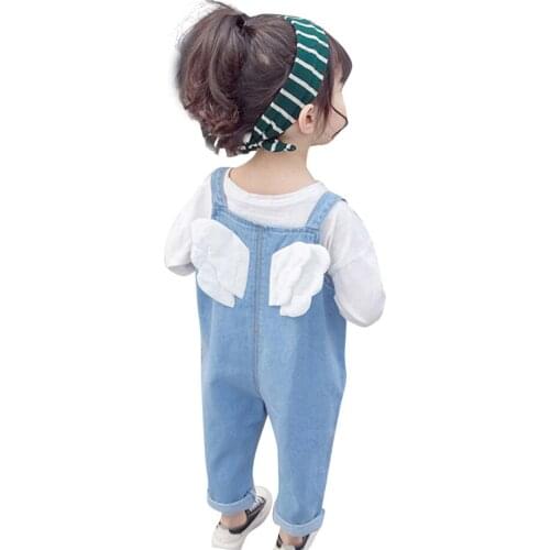 Jumpsuit For Girl Patchwork Wing Girls Jumpsuit Jeans Three-Dimensional Pocket Kids Denim Overalls Autumn Baby Clothes For Girls