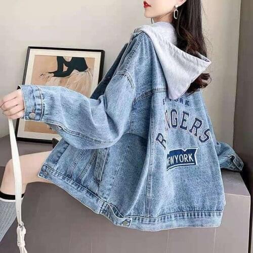 Spring Autumn New Women Denim Coat Loose Oversized Student Hooded Denim Jacket Korean Long Sleeve Letter Embroidered Cowboy Tops