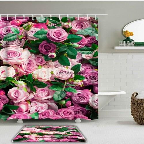 3D Idyllic Flowers Shower Curtains Set Waterproof Bathroom Curtains with Hooks Anti-slip Bath Mat Rugs Toilet Home Decor