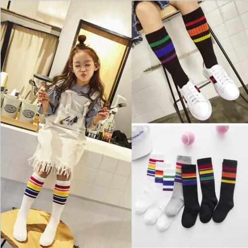 Ins hot sale boys sports socks colorful rainbow stripe toddler kids ankle socks for girls knee high long socks children booties