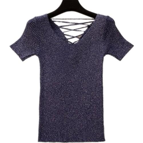 ZB3305 New summer 2020 womens fashion short-sleeved pullover lace up knit short slim v-neck sweater cheap wholesale