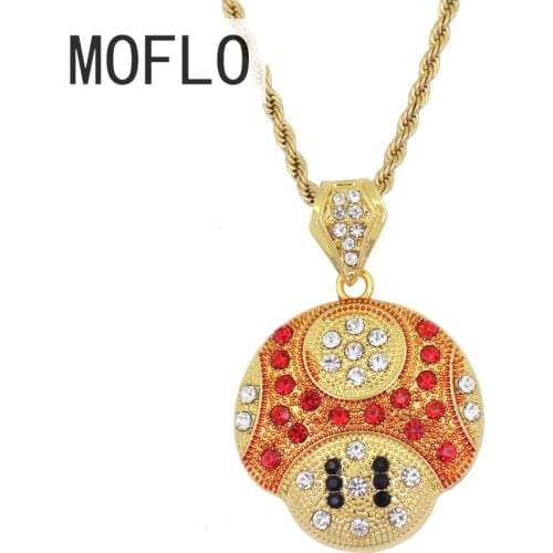 MOFLO Hip Hop Necklace Mushroom Head Pendant with Colorful Rhinestone Funny Cute Neckalce Woman Mans Jewelry with 3mm Rope Chain