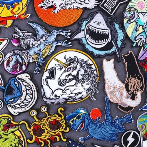 Unicorn PUNK Animals Stripes Patches On Clothes Dinosaurs Embroidered Bagde Fusible Patch Iron On Patches For Clothing Stickers