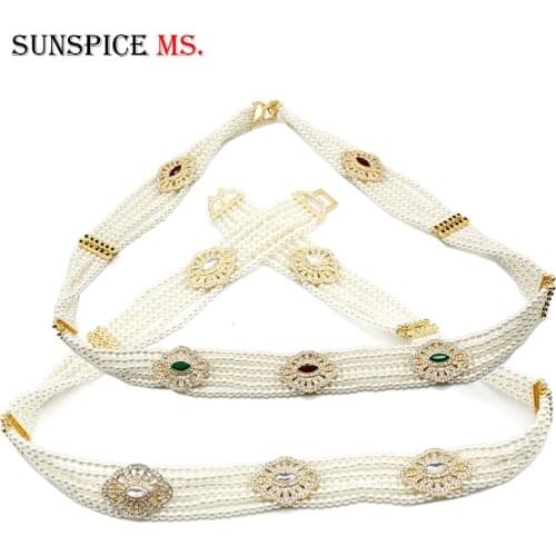 Sunspicems Algerian Pearl Caftan Belt Bead Chain Gold Color Moroccan Belt for Women Europe Wedding Dress Jewelry