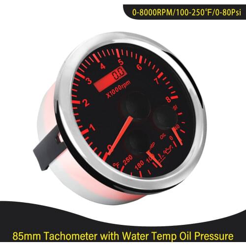 New 85mm Rev Counter 0-8000RPM Car Boat Universal with 0-80Psi 120-240℉ Water Temp Oil Pressure Tachometer Red Backlight 12V