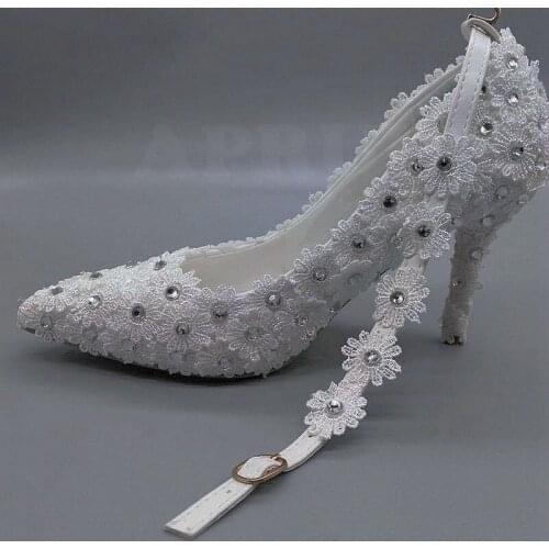 9CM thin heels full lace handmade wedding pumps shoes bridal ladies woman dancing ankle straps bride wedding shoes with crystal