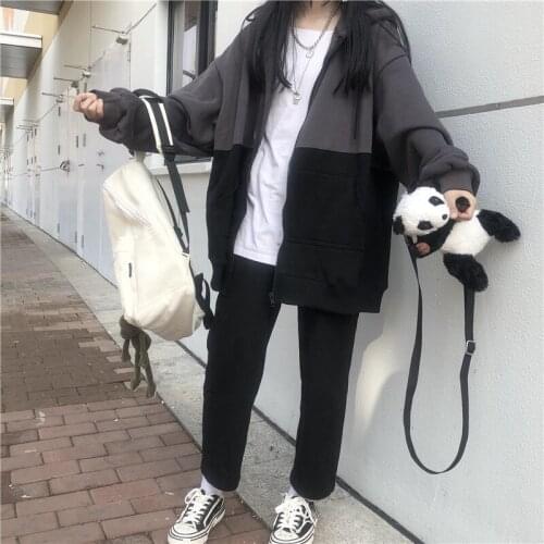 Vintage Harajuku Patchwork Black Women Jacket Coats Antumn Cardigan Casual Oversized Zipper Full Sleeve Student Ladies Outerwear