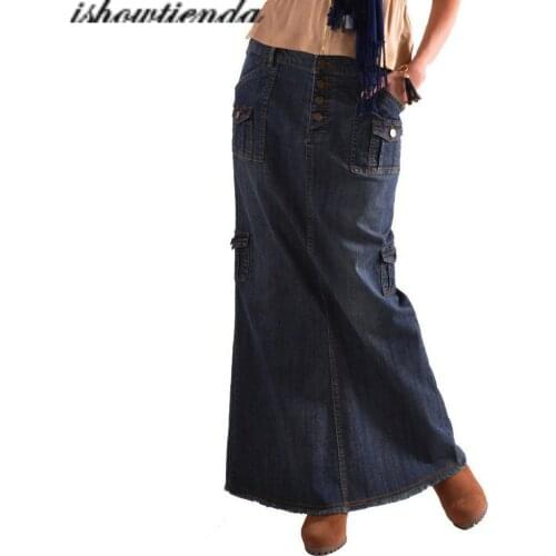 Womens Fashion Long Mid Waist Button Pocket Front Straight Denim Maxi Skirts Harajuku 2020 Skirts Womens